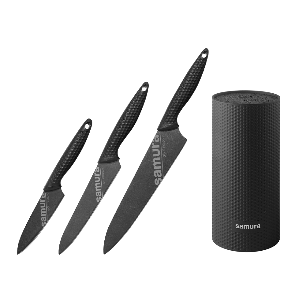 Samura GOLF Stonewash Knife Block Set with 3 Kitchen Knives: Paring Knife, Utility Knife, Chef's Knife and Holder 225mm