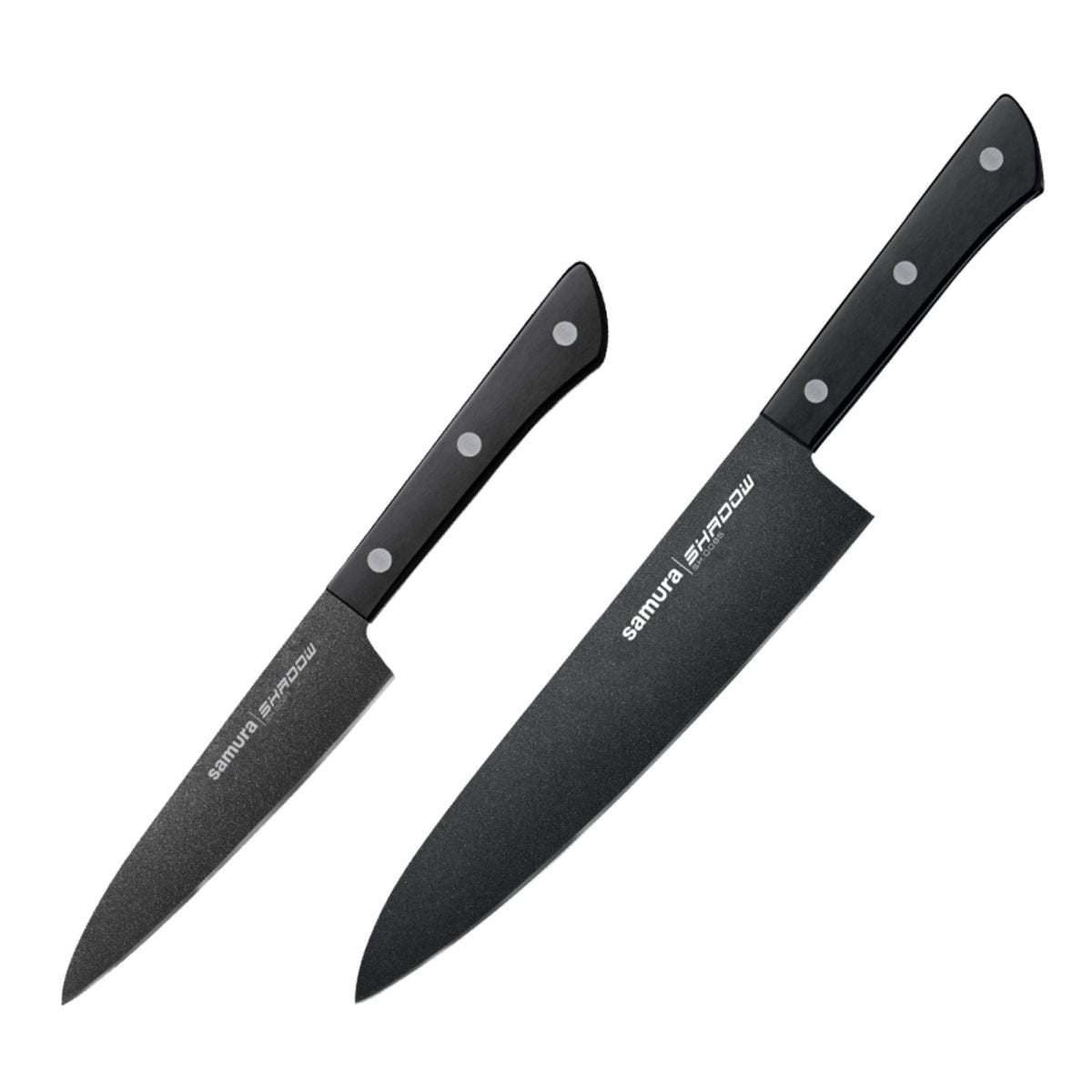 Samura SHADOW Set of 2 Kitchen Knives: Chef's Knife, Utility Knife with Black Non Stick Coating