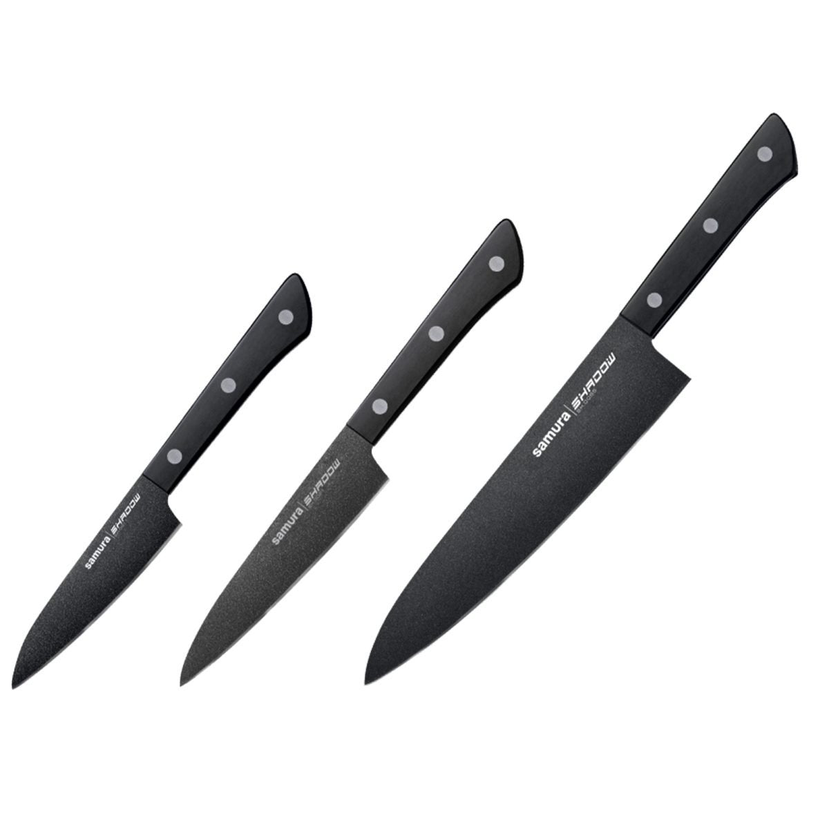 Samura SHADOW Set of 3 Kitchen Knives: Chef's Knife, Utility Knife, Paring Knife with Black Non Stick Coating