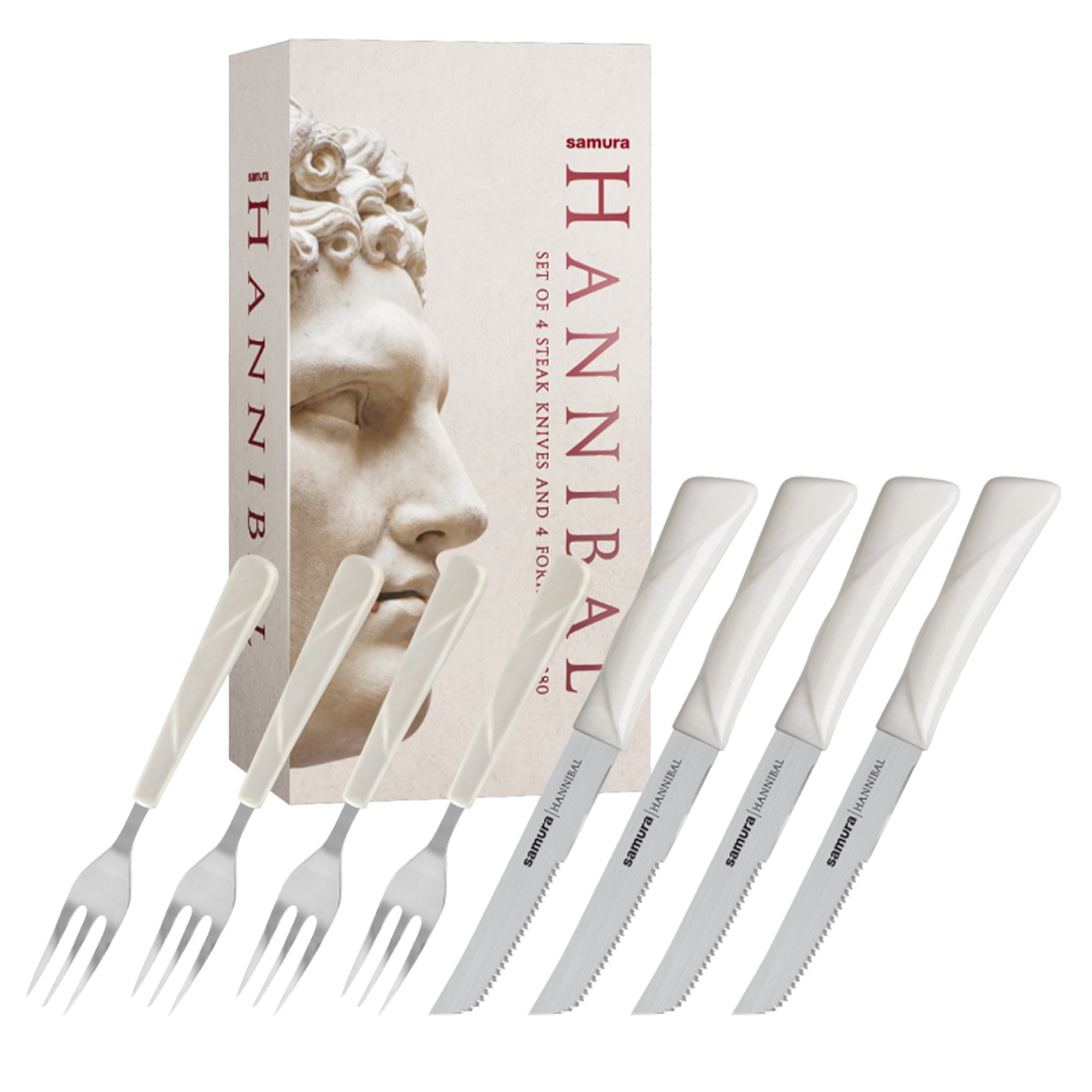 Samura HANNIBAL Steak Knife and Fork Set for 4 persons, White Handle