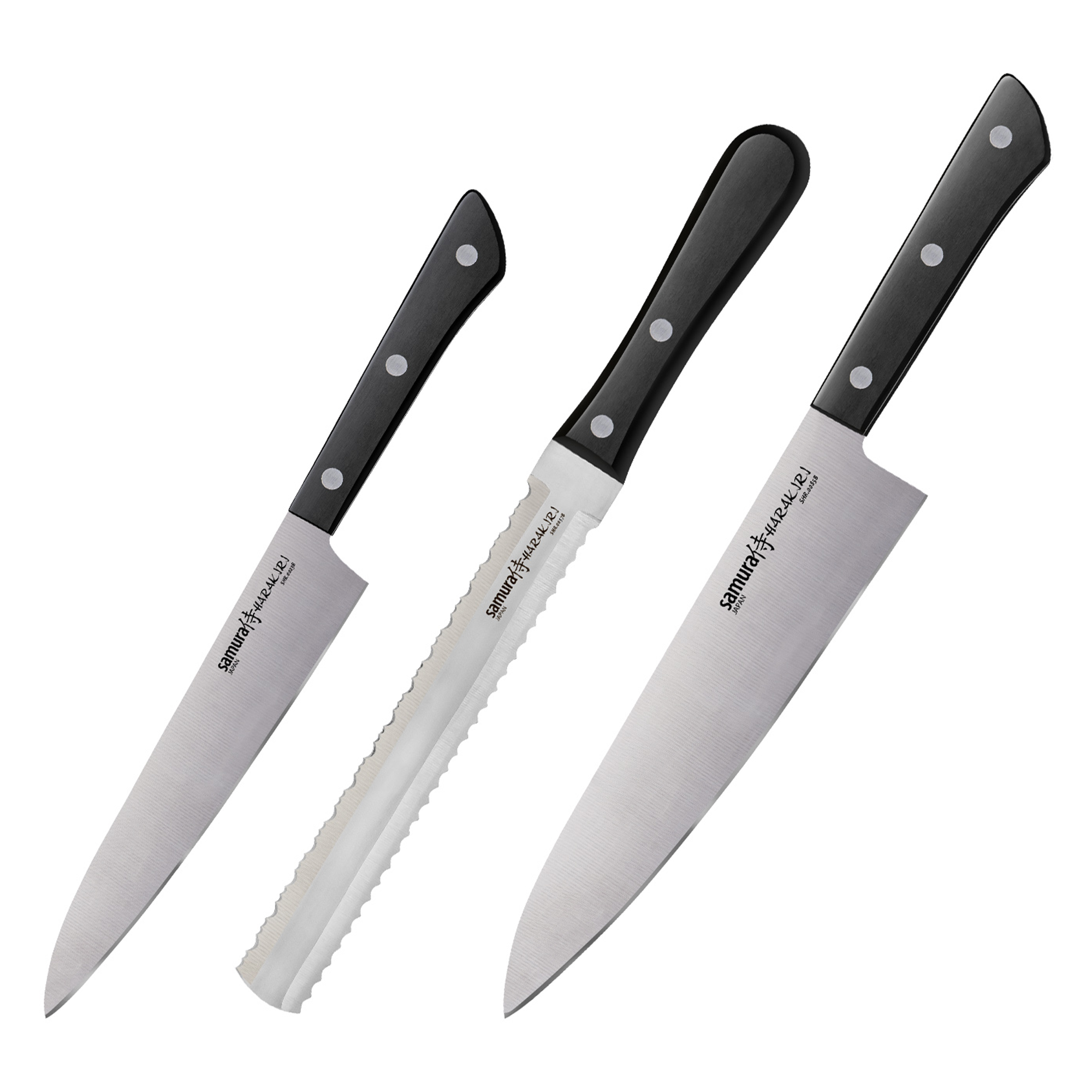 Samura HARAKIRI Set of 3 Kitchen Knives with Black Handle: Utility Knife, Saw Knife for bread and frozen food, Chef's Knife
