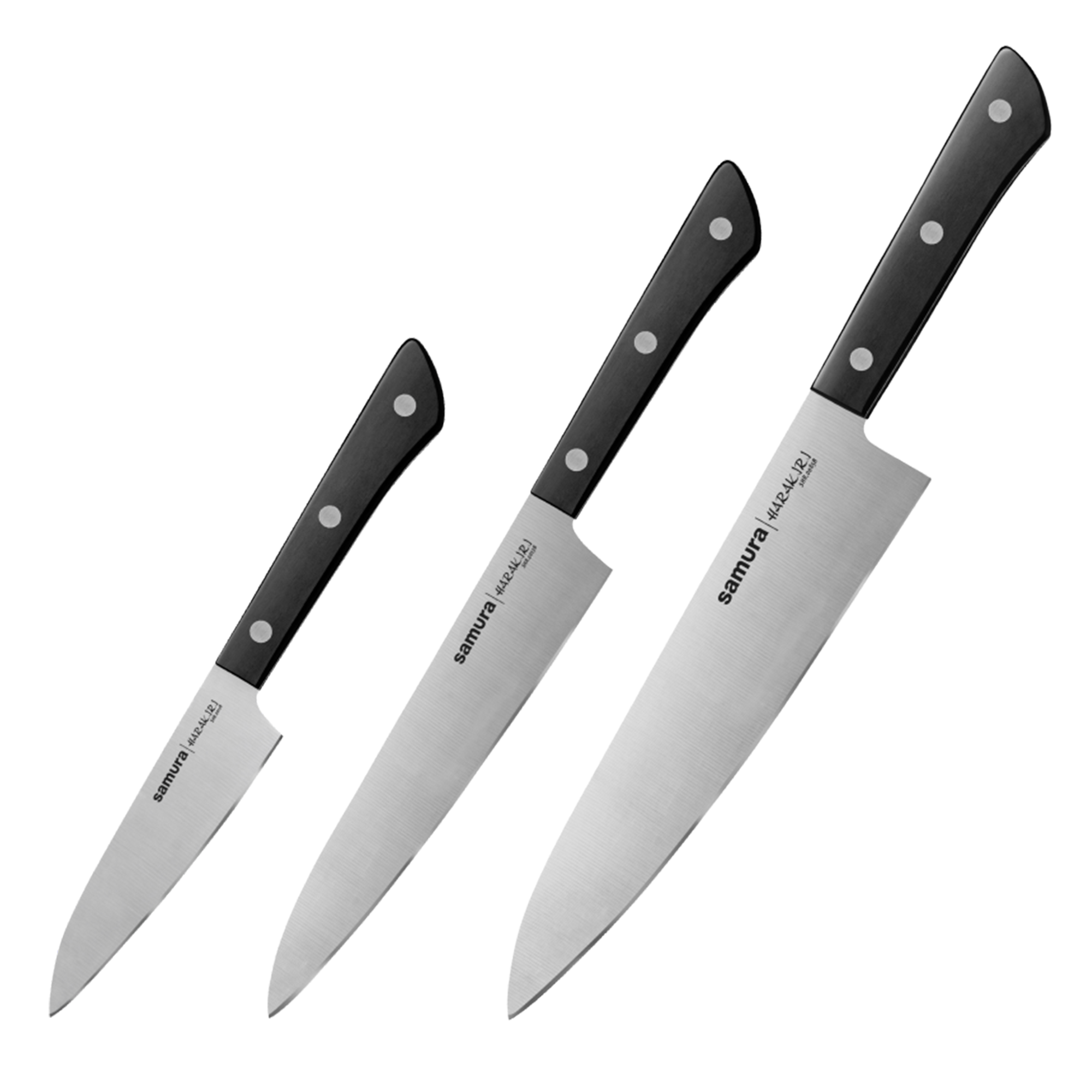 Samura HARAKIRI Set of 3 Kitchen Knives, Black Handle: Paring Knife, Utility Knife, Chef Knife
