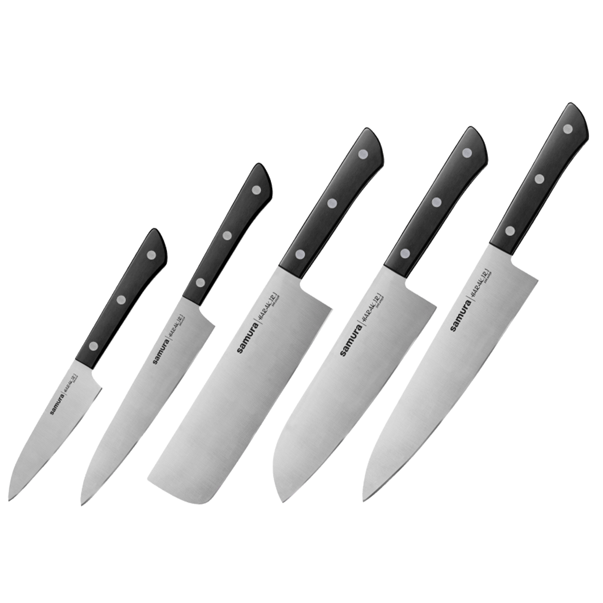 Samura HARAKIRI Set of 5 Kitchen Knives with Black Handles: Paring, Utility, Nakiri, Santoku, Chef's Knife