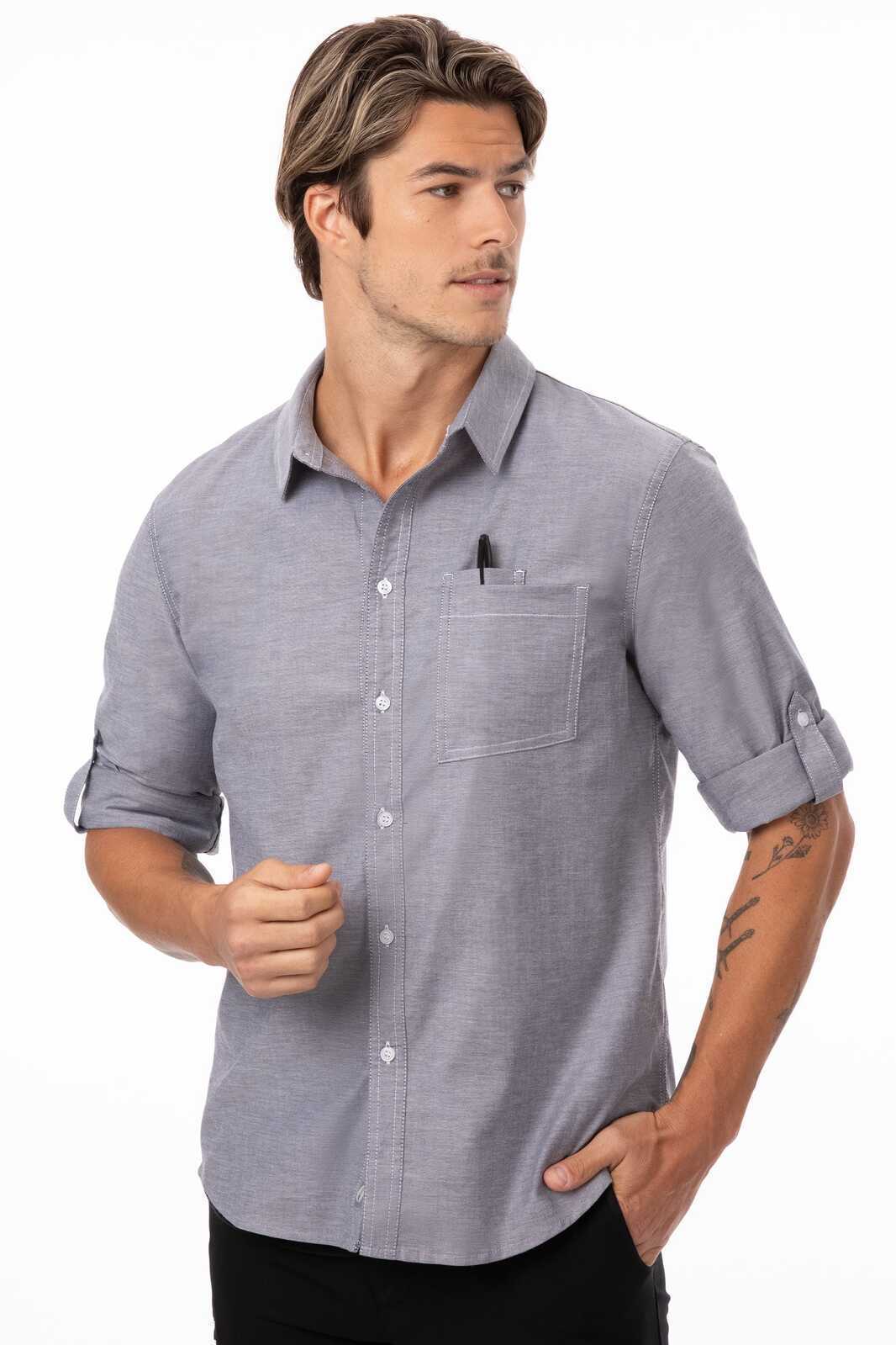 Chef Works Modern Oxford Men's Classic Shirt- Blue - Charcoal