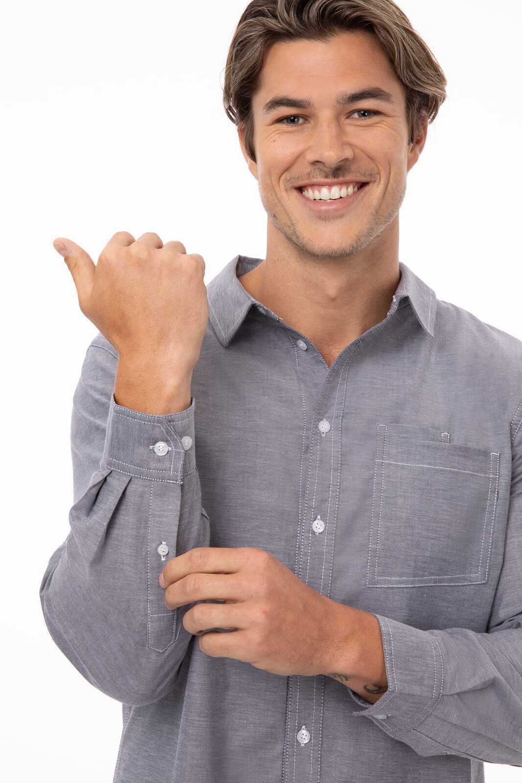 Chef Works Modern Oxford Men's Classic Shirt- Blue - Charcoal