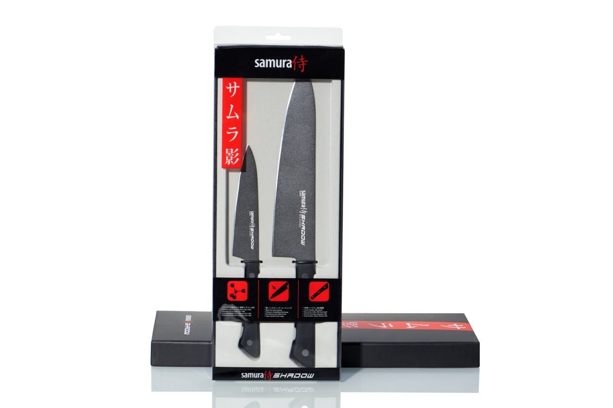 Samura SHADOW Set of 2 Kitchen Knives: Chef's Knife, Utility Knife with Black Non Stick Coating