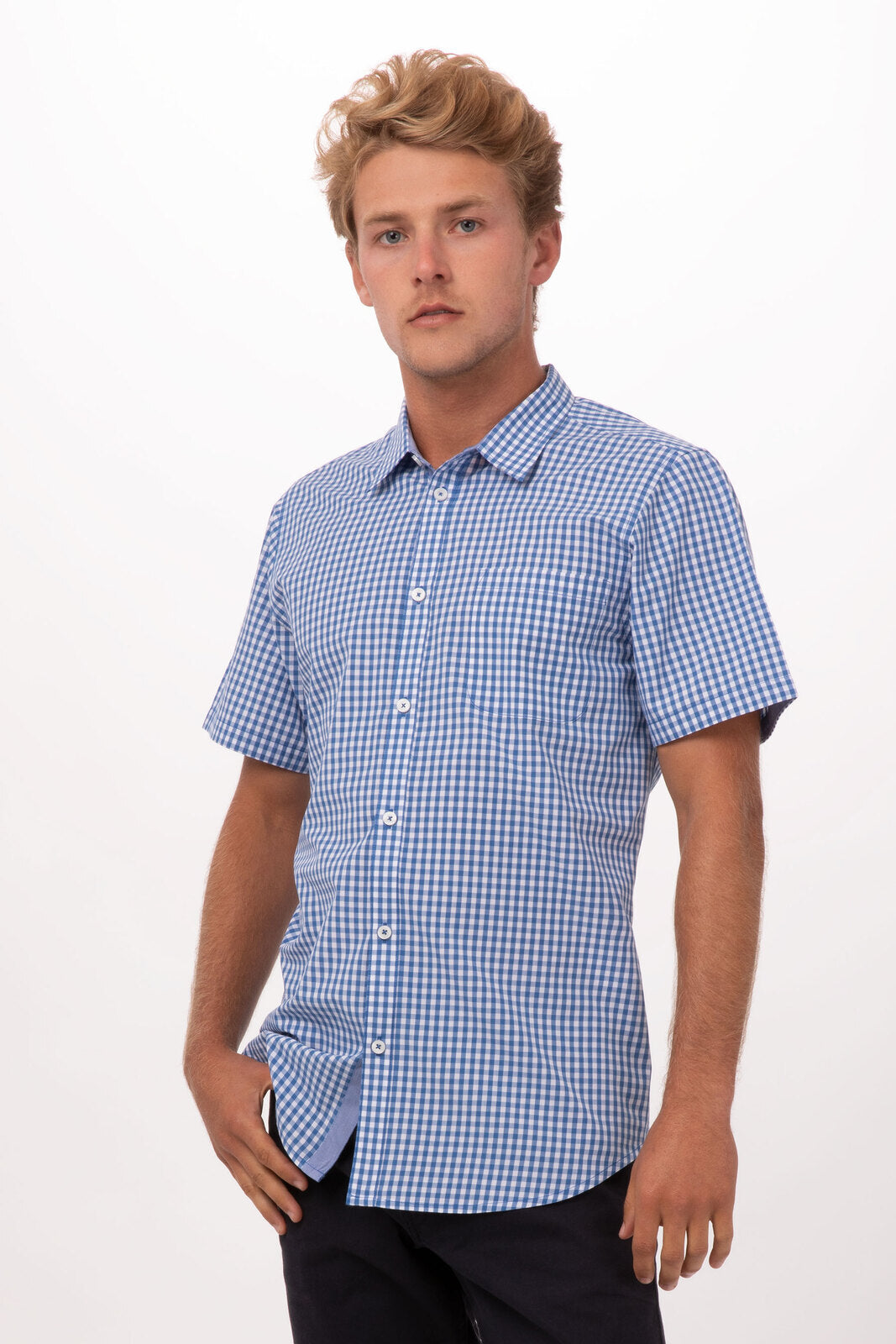 Chef Works Modern Gingham Men's Short Sleeve Dress Shirt - Blue