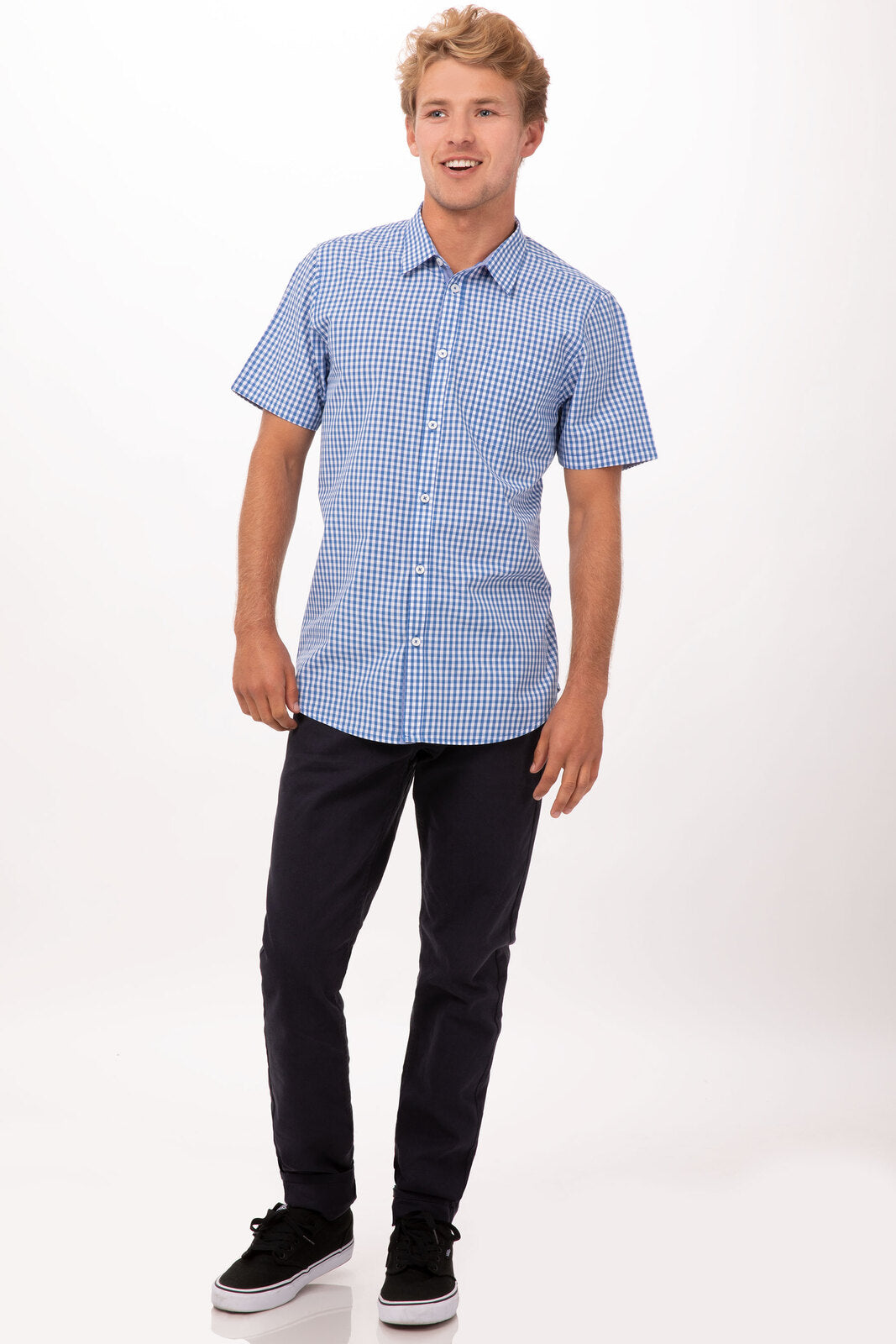 Chef Works Modern Gingham Men's Short Sleeve Dress Shirt - Blue