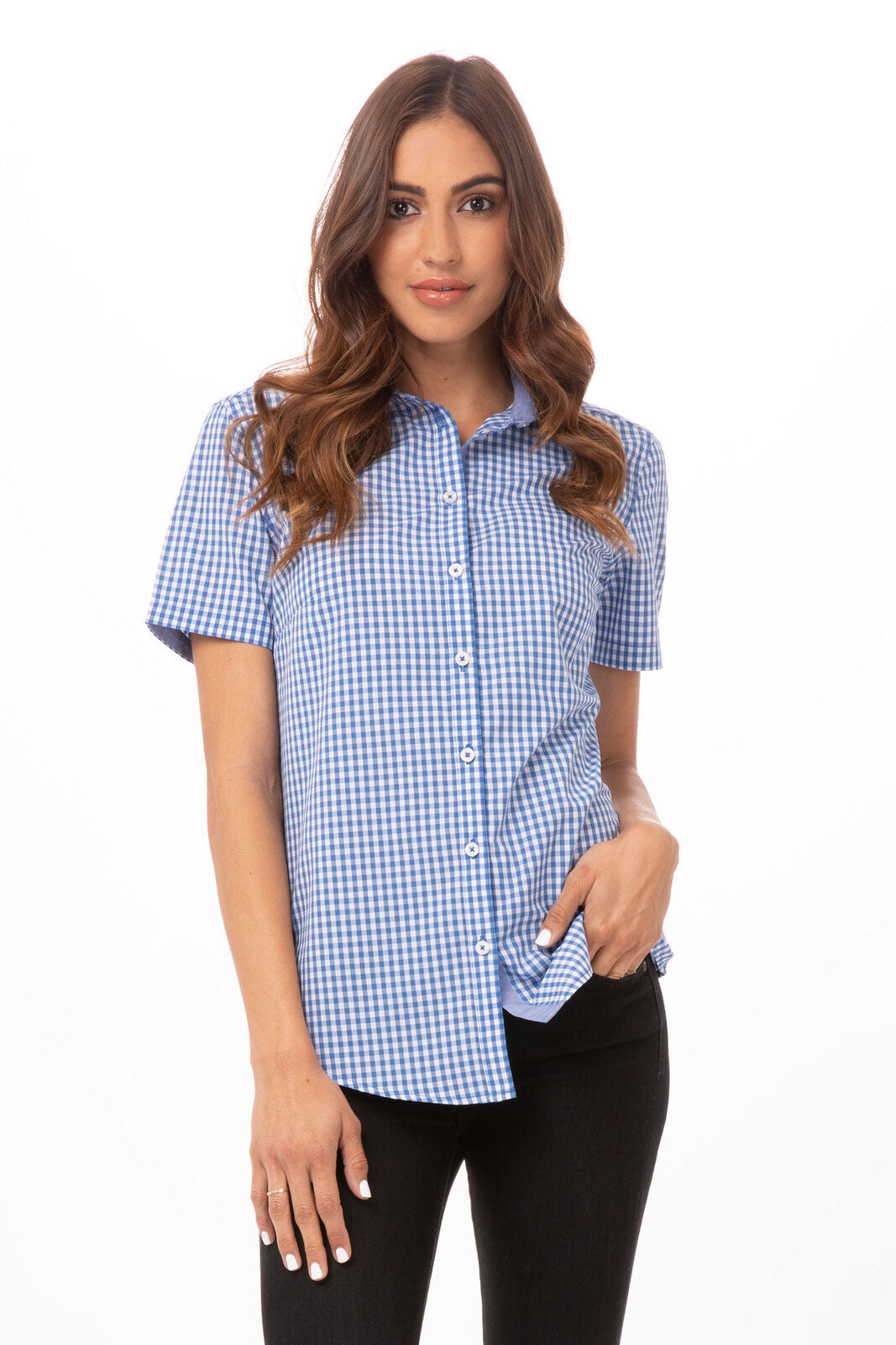 Chef Works Modern Gingham Women's Short Sleeve Dress Shirt - Blue
