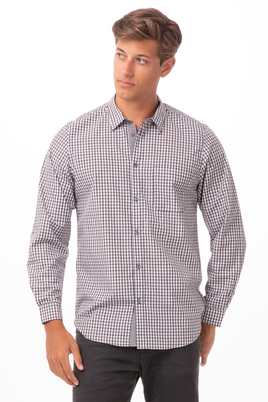 Chef Works Modern Gingham Men's Long Sleeve Dress Shirt- - Chocolate