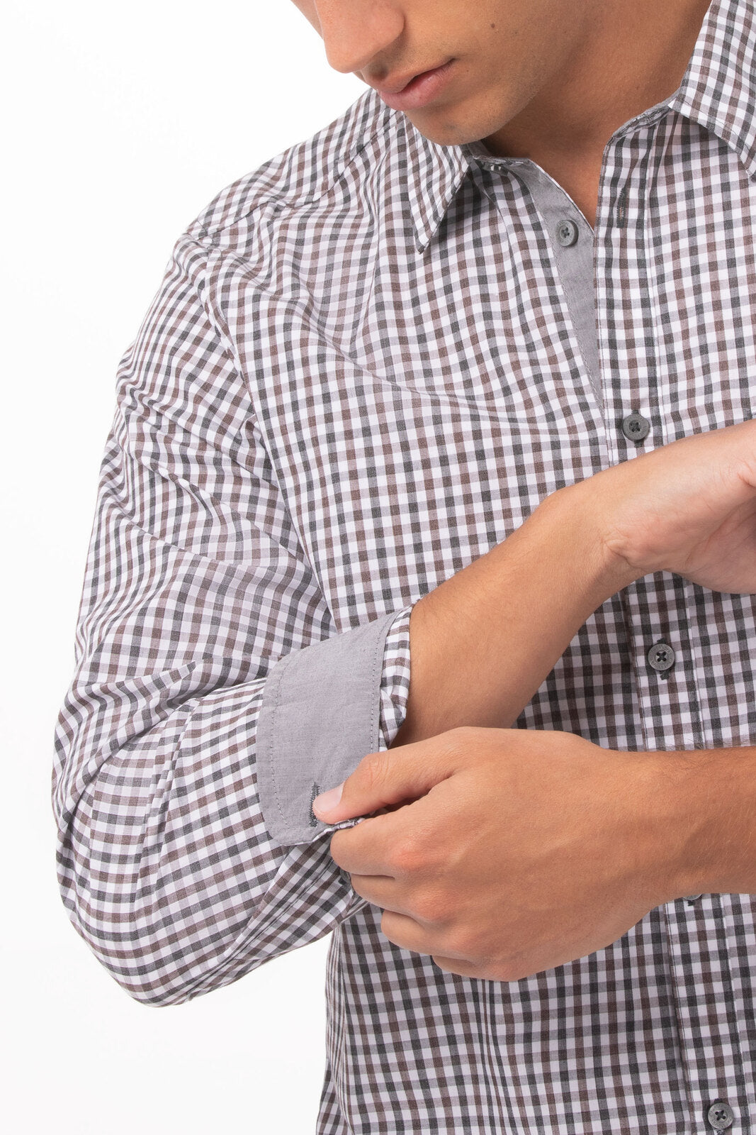 Chef Works Modern Gingham Men's Long Sleeve Dress Shirt- - Chocolate