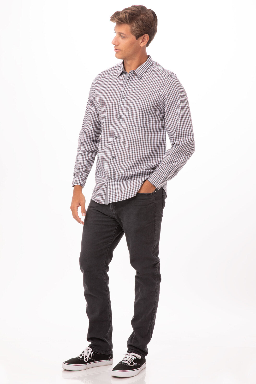 Chef Works Modern Gingham Men's Long Sleeve Dress Shirt- - Chocolate