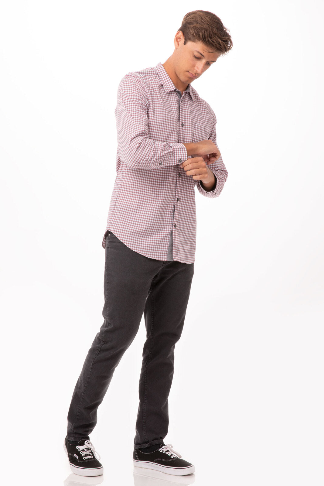 Chef Works Modern Gingham Men's Long Sleeve Dress Shirt- - Chili Peppers