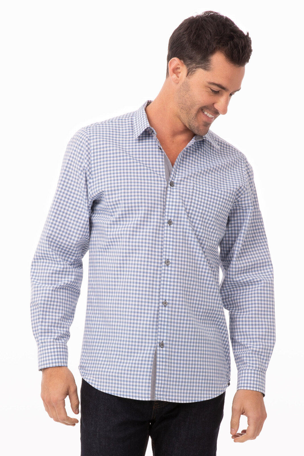 Chef Works Modern Gingham Men's Long Sleeve Dress Shirt- - Strong Blue