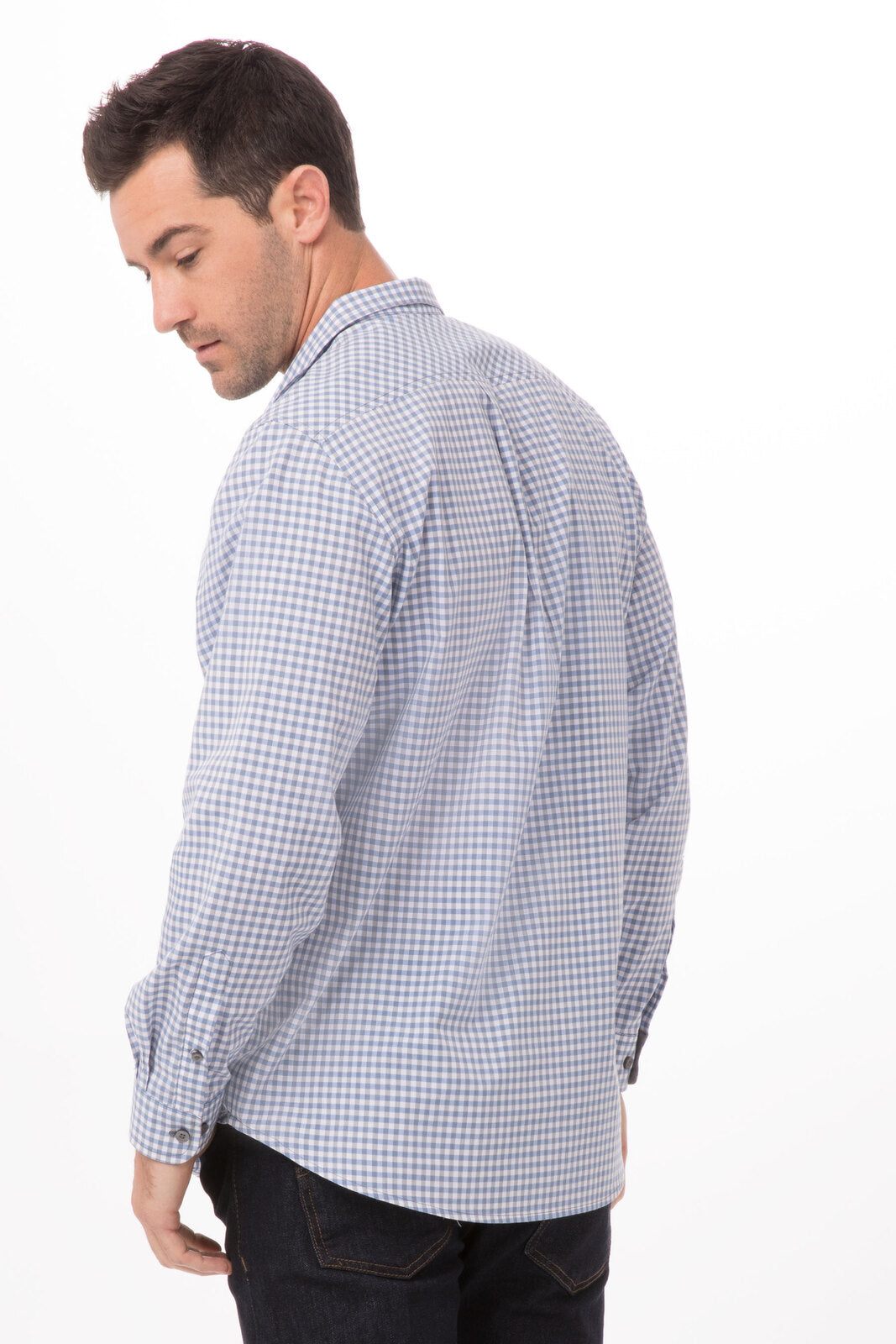 Chef Works Modern Gingham Men's Long Sleeve Dress Shirt- - Strong Blue
