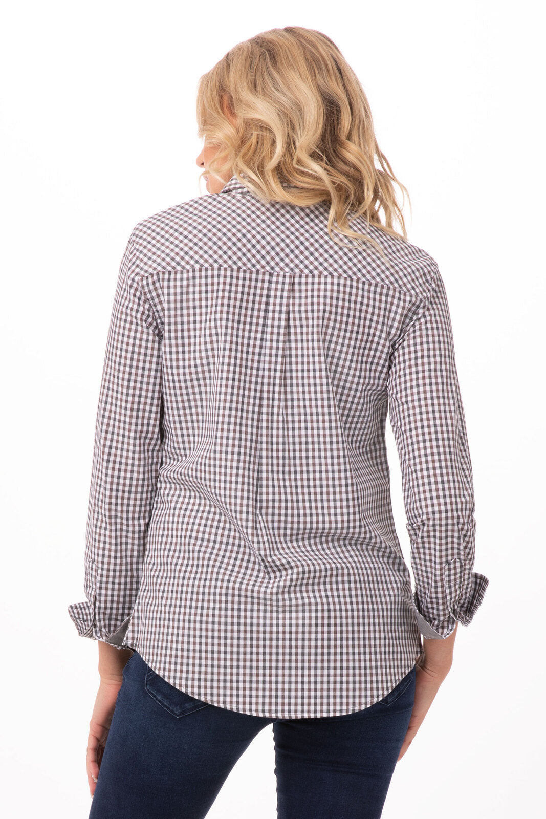 Chef Works Modern Gingham Women's Long Sleeve Dress Shirt - Chocolate