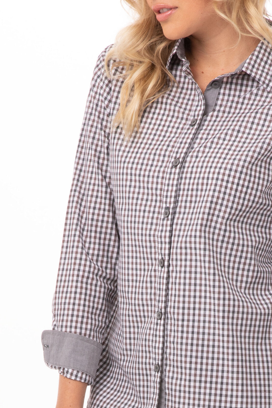 Chef Works Modern Gingham Women's Long Sleeve Dress Shirt - Chocolate