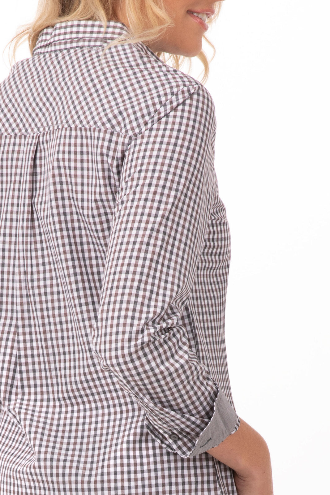 Chef Works Modern Gingham Women's Long Sleeve Dress Shirt - Chocolate