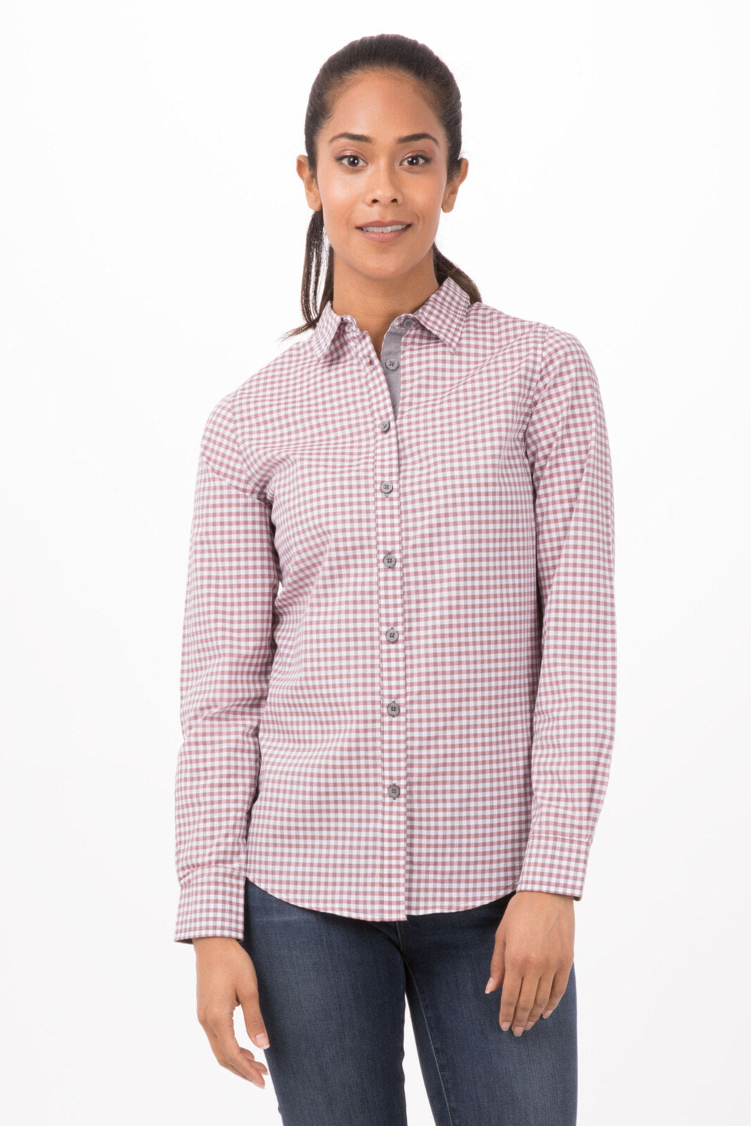 Chef Works Modern Gingham Women's Long Sleeve Dress Shirt - Chili Peppers