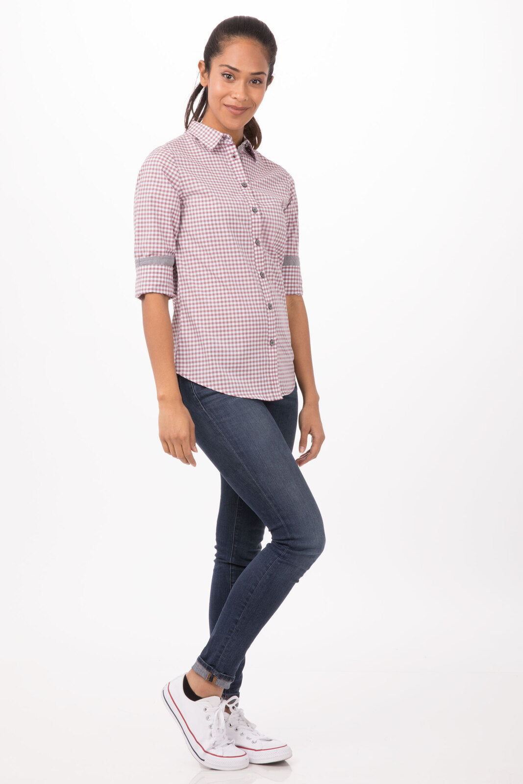 Chef Works Modern Gingham Women's Long Sleeve Dress Shirt - Chili Peppers