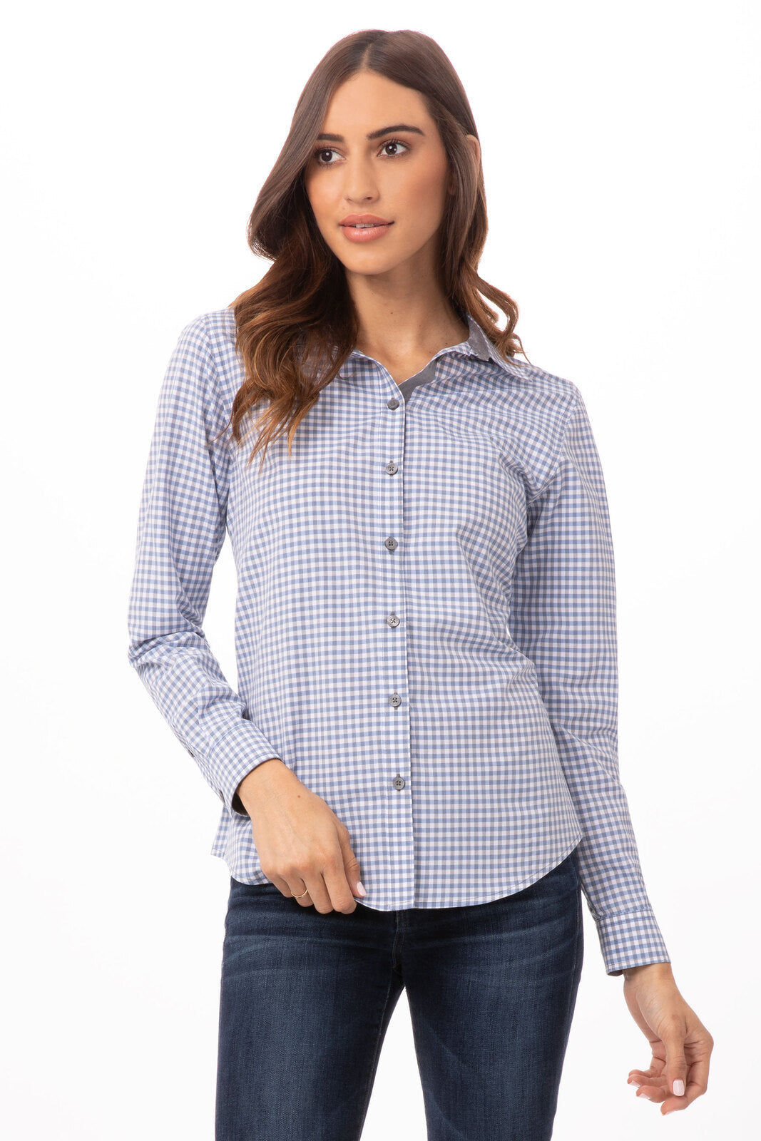 Chef Works Modern Gingham Women's Long Sleeve Dress Shirt - Strong Blue