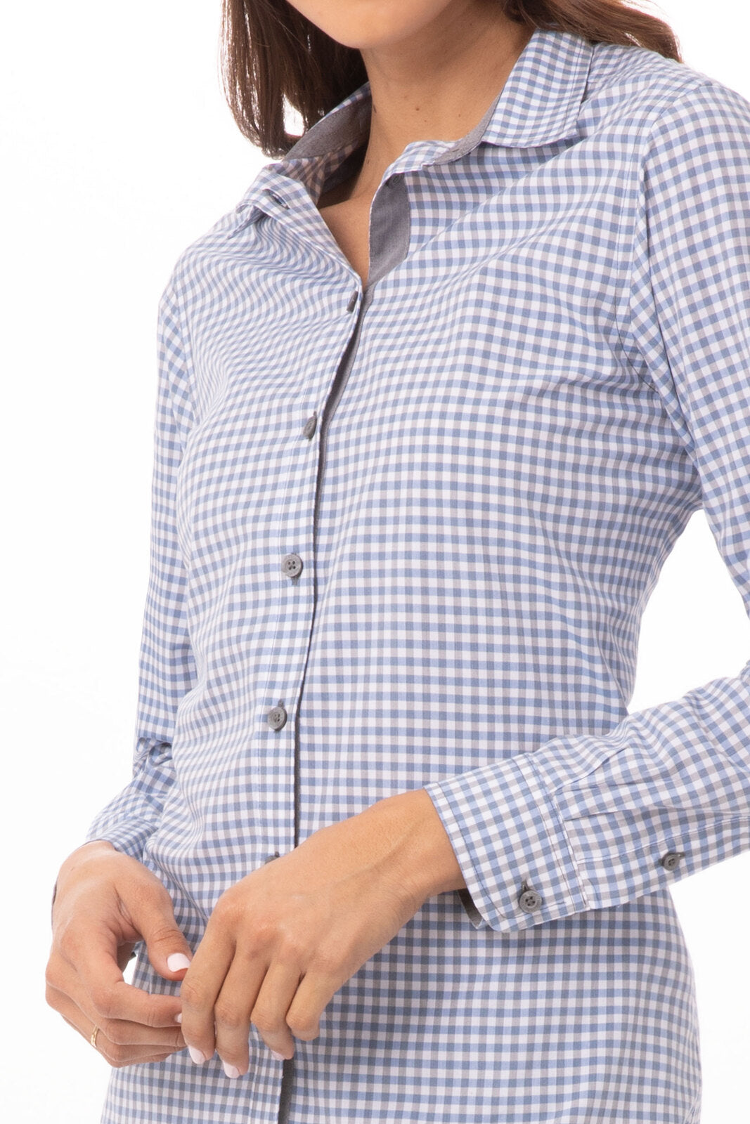 Chef Works Modern Gingham Women's Long Sleeve Dress Shirt - Strong Blue