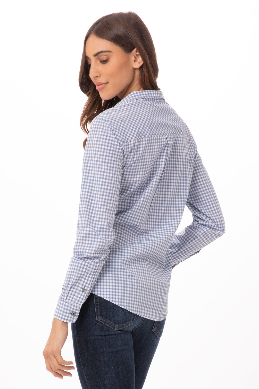 Chef Works Modern Gingham Women's Long Sleeve Dress Shirt - Strong Blue