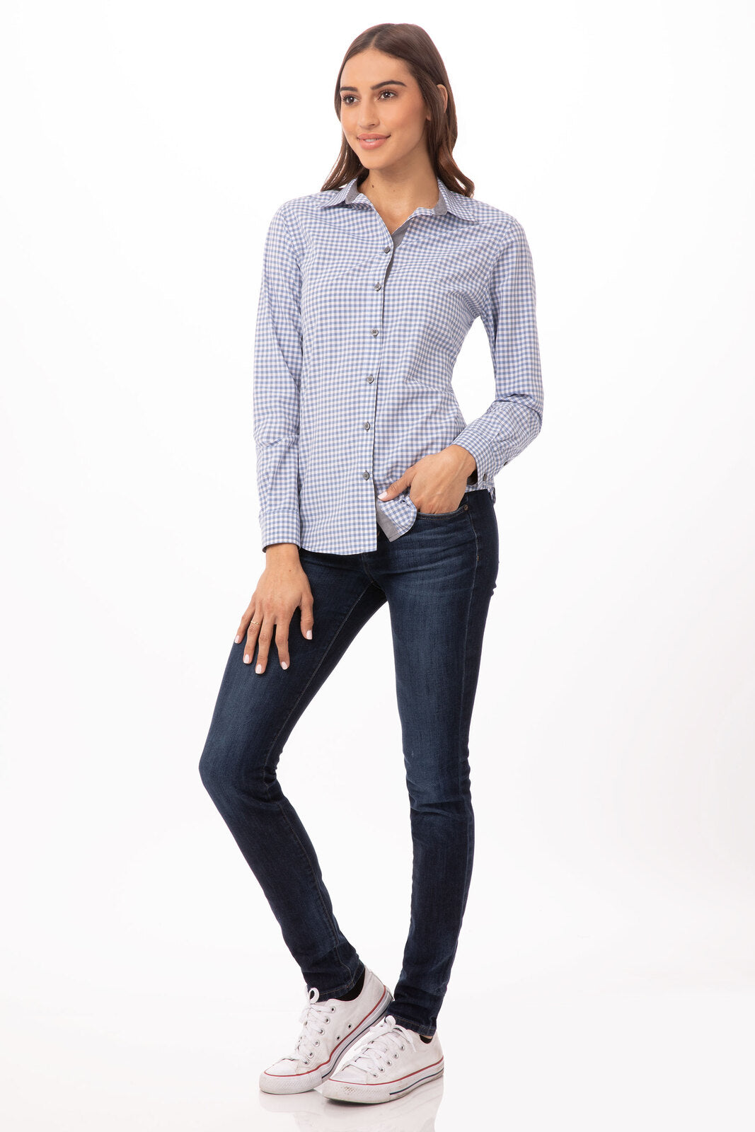 Chef Works Modern Gingham Women's Long Sleeve Dress Shirt - Strong Blue