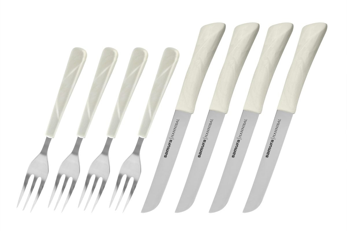 Samura HANNIBAL Steak Knife and Fork Set for 4 persons, White Handle