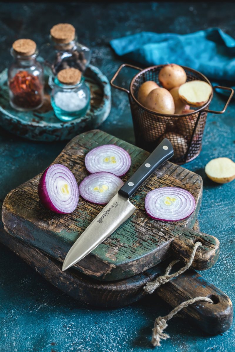 Samura HARAKIRI Set of 3 Kitchen Knives with Black Handle: Utility Knife, Saw Knife for bread and frozen food, Chef's Knife