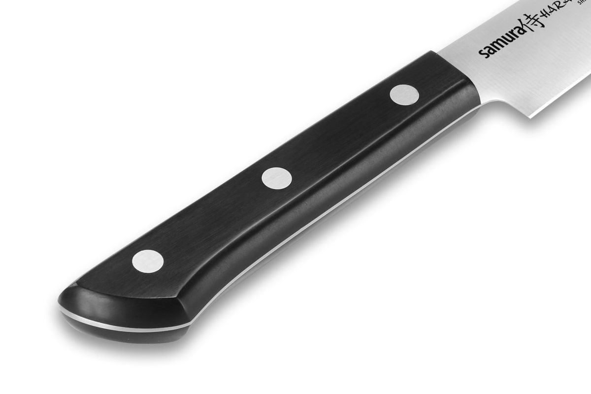 Samura HARAKIRI Set of 5 Kitchen Knives with Black Handles: Paring, Utility, Nakiri, Santoku, Chef's Knife