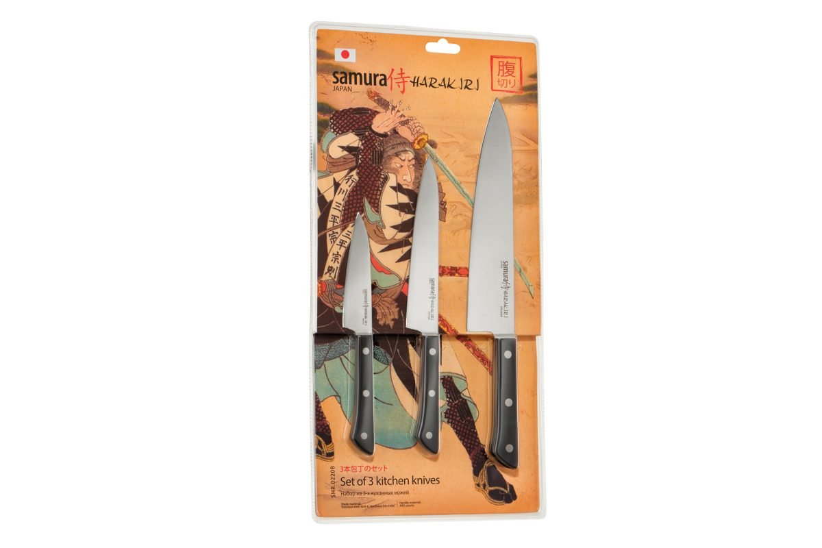 Samura HARAKIRI Set of 3 Kitchen Knives, Black Handle: Paring Knife, Utility Knife, Chef Knife