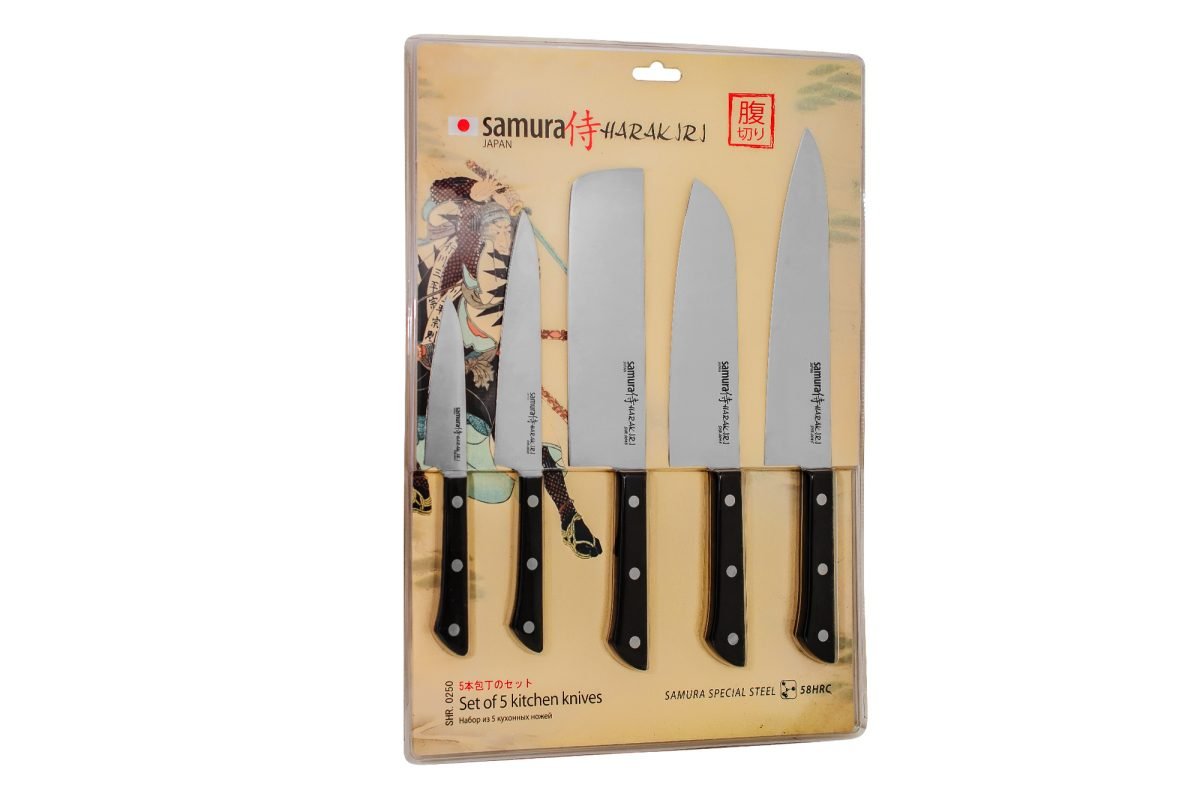 Samura HARAKIRI Set of 5 Kitchen Knives with Black Handles: Paring, Utility, Nakiri, Santoku, Chef's Knife