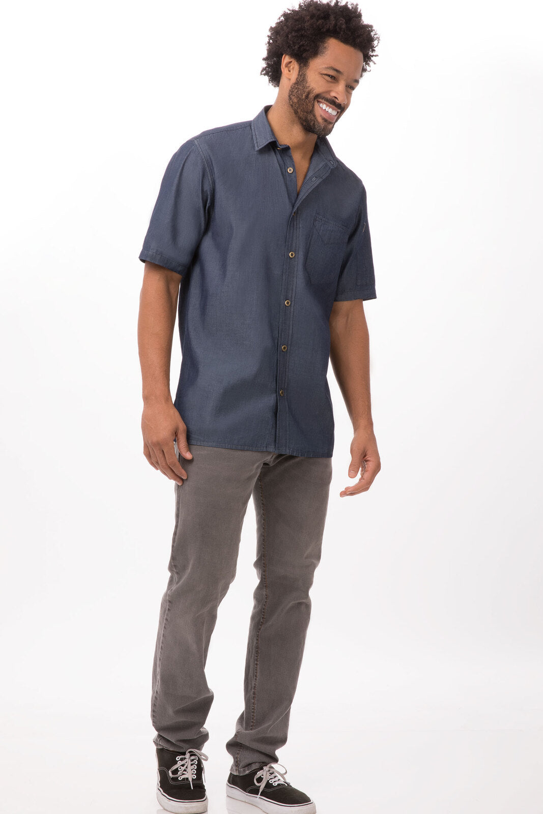 Chef Works Detroit Men's Short Sleeve Denim Shirt - Indigo Blue
