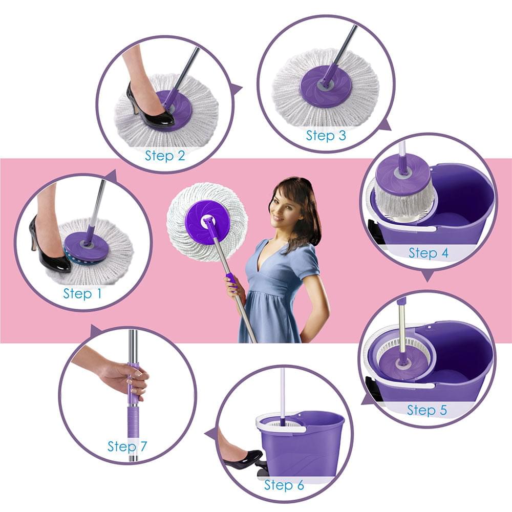Spin Mop - Hand Press/Foot Press Handle Set (Clear Bag - Purple Handle )