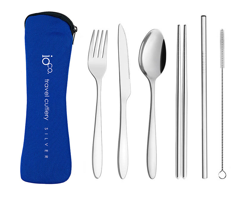 IOco re-use Stainless Steel Travel Cutlery Set of 6 - Silver Cutlery Navy Case