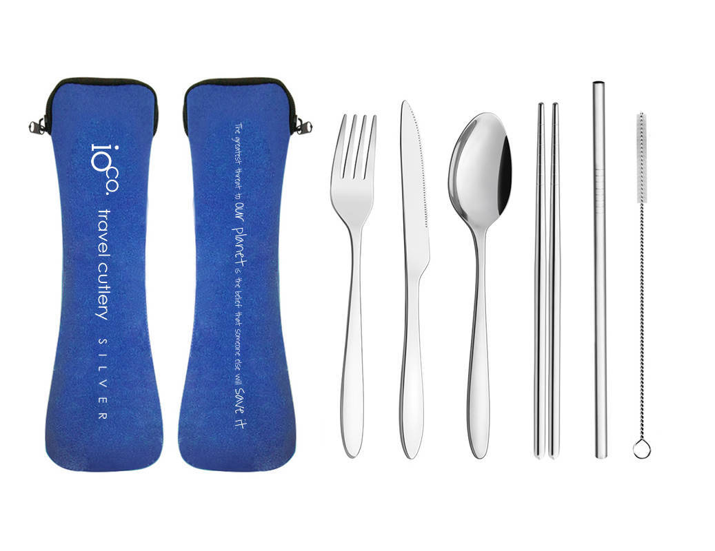 IOco re-use Stainless Steel Travel Cutlery Set of 6 - Silver Cutlery Navy Case