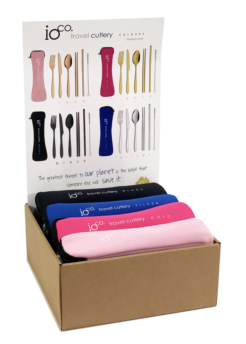 IOco re-use Stainless Steel Travel Cutlery Set of 6 - Silver Cutlery Navy Case