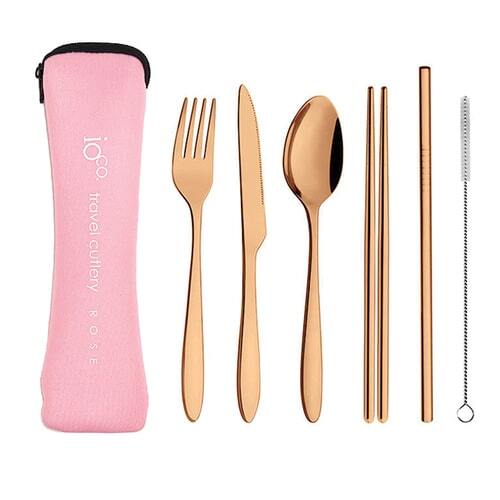IOco re-use Stainless Steel Travel Cutlery Set of 6- Rose Gold Cutlery Pale Pink Case