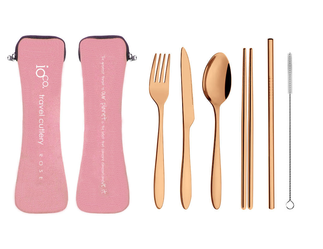 IOco re-use Stainless Steel Travel Cutlery Set of 6- Rose Gold Cutlery Pale Pink Case