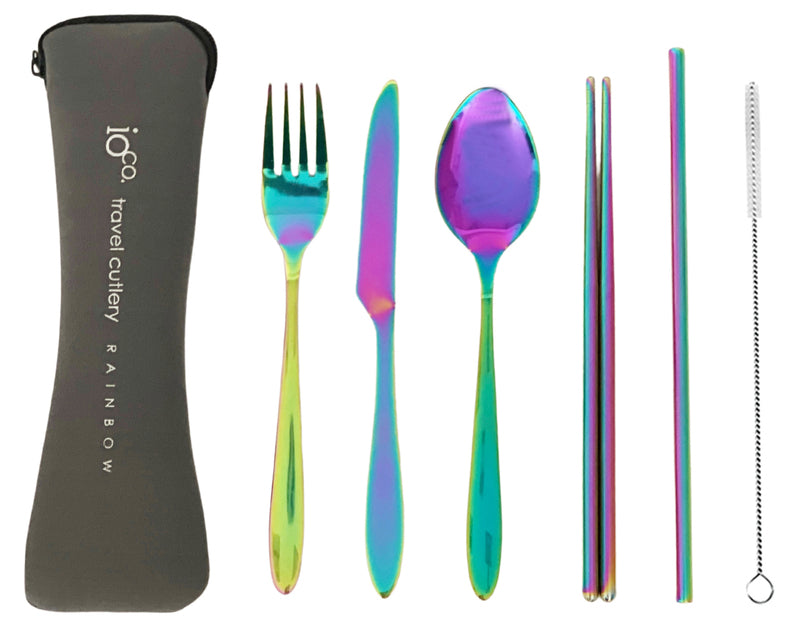 IOco re-use Stainless Steel Travel Cutlery Set of 6- Rainbow Cutlery Grey Case