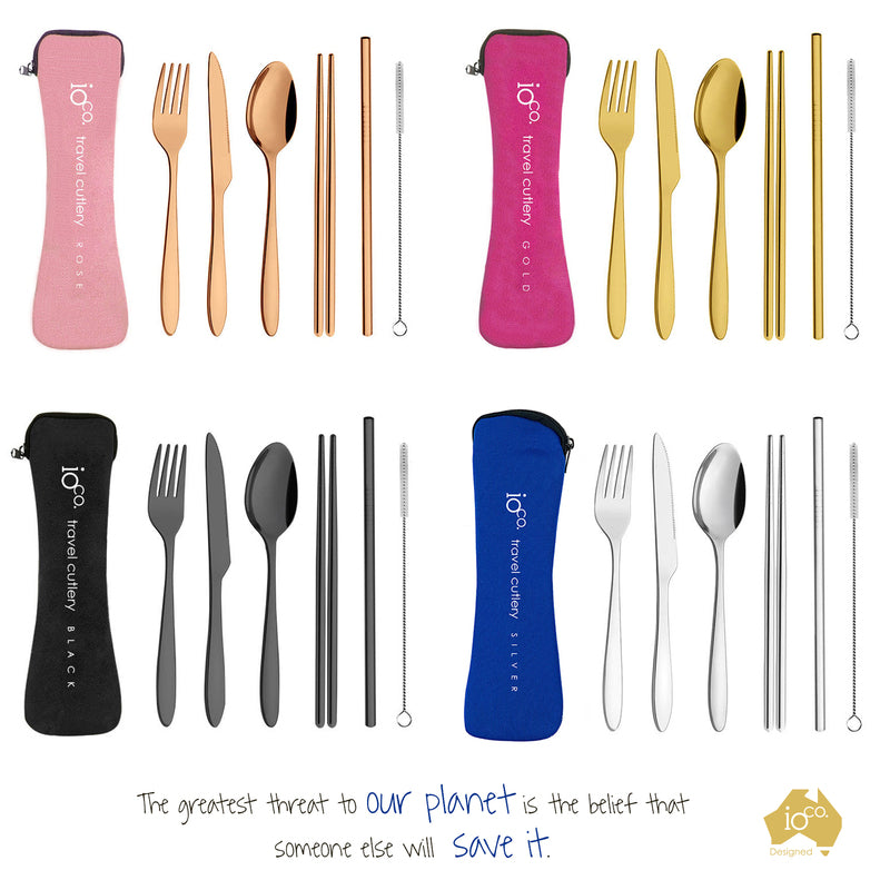 IOco re-use Stainless Steel Travel Cutlery Set of 6- Rainbow Cutlery Grey Case