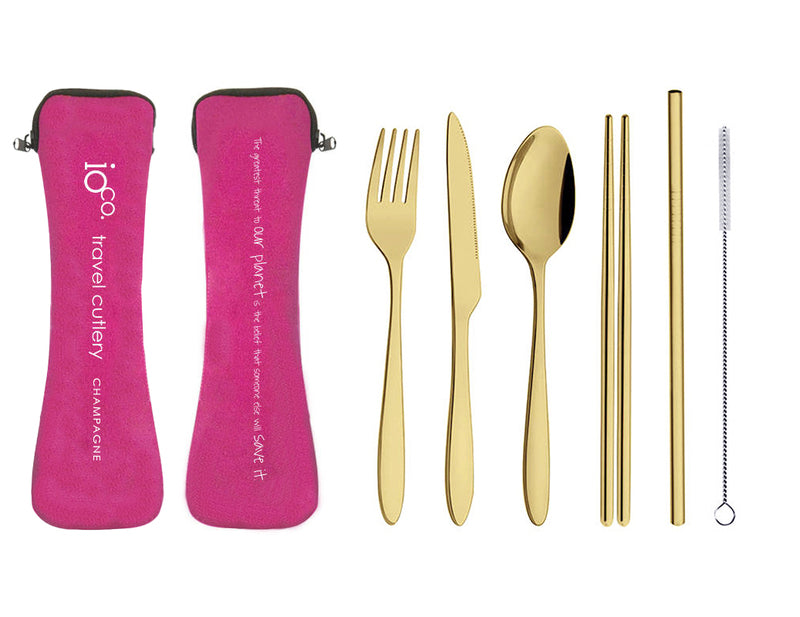 IOco re-use Stainless Steel Travel Cutlery (Set of 6) Champagne Gold Cutlery Hot Pink Case