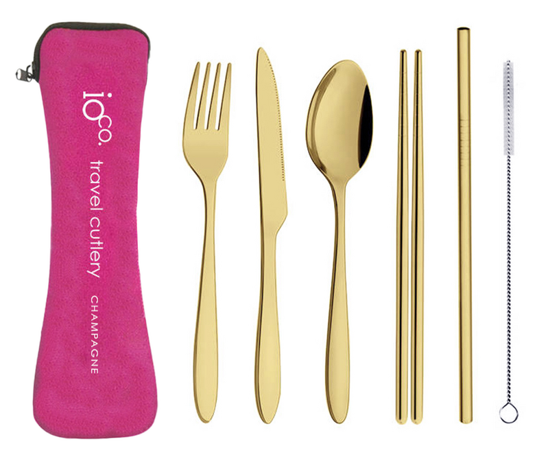 IOco re-use Stainless Steel Travel Cutlery (Set of 6) Champagne Gold Cutlery Hot Pink Case