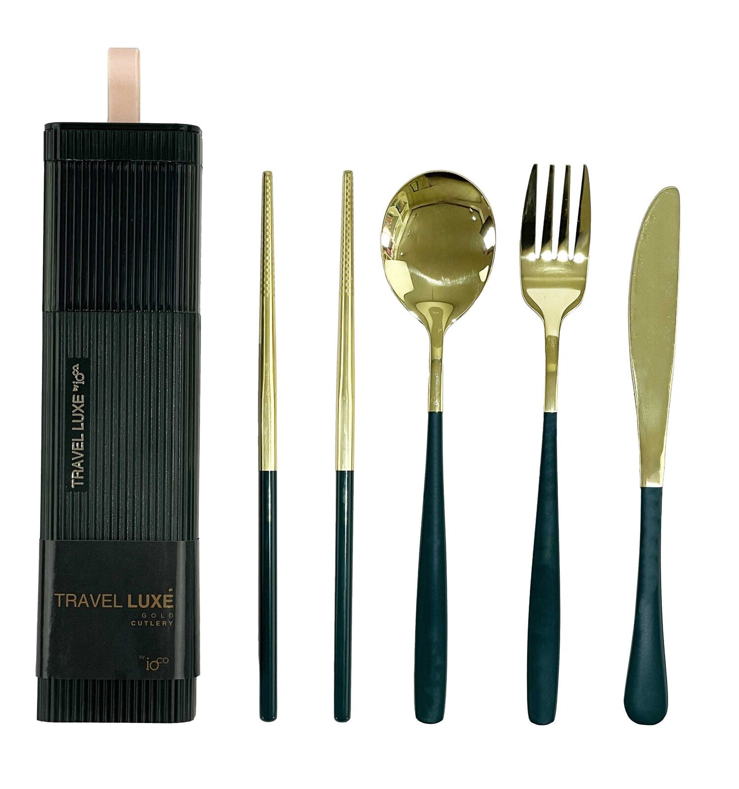 Travel LUXE Cutlery Set - Champagne Gold Cutlery Forest Green Case