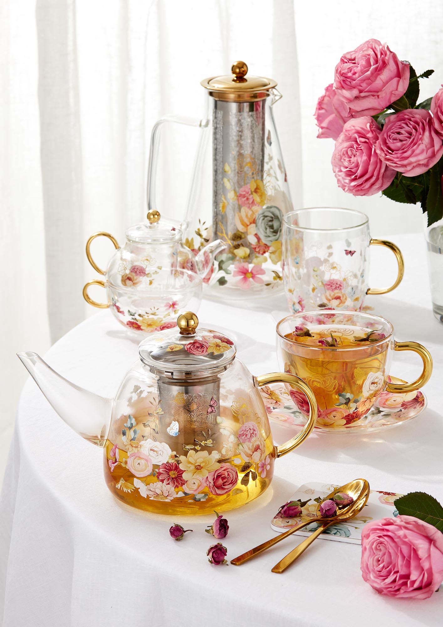 Ashdene Springtime So Double Walled Glass Cup & Saucer Set Of 4
