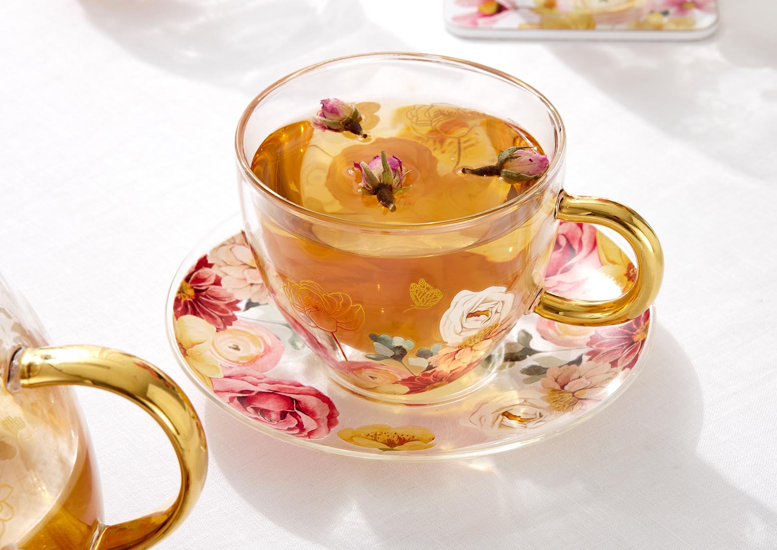 Ashdene Springtime So Double Walled Glass Cup & Saucer Set Of 4