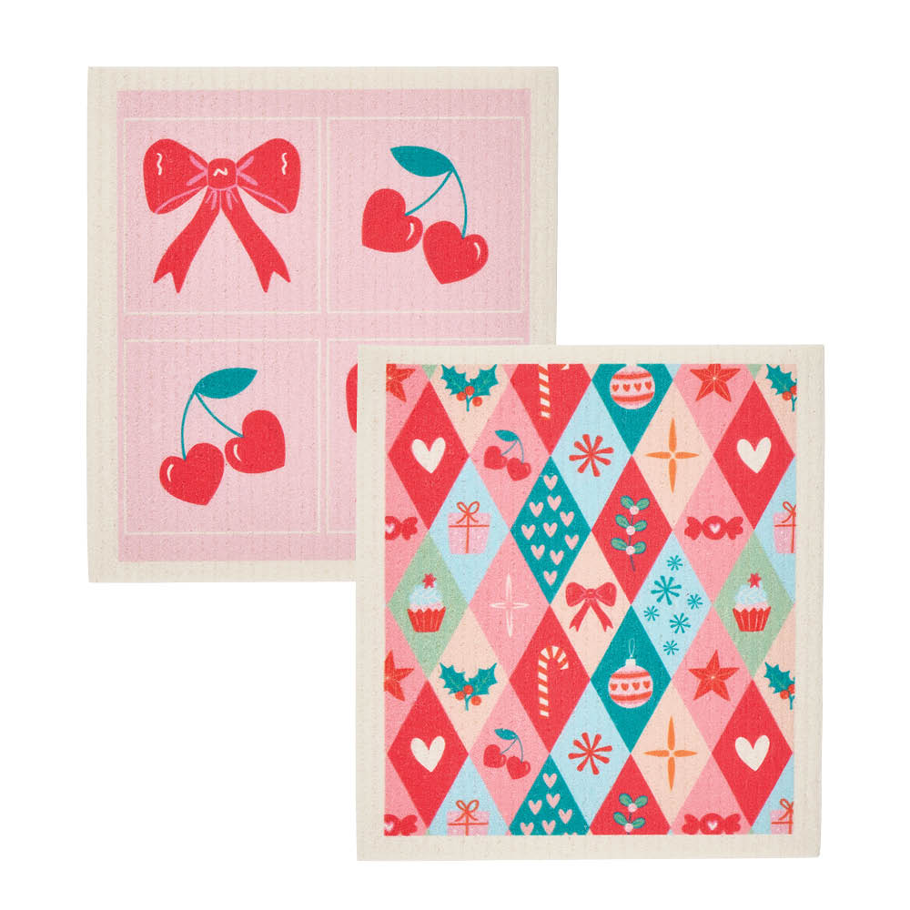 Annabel Trends Swedish Style Dish Cloths 2pc Christmas Harlequin & Cherries