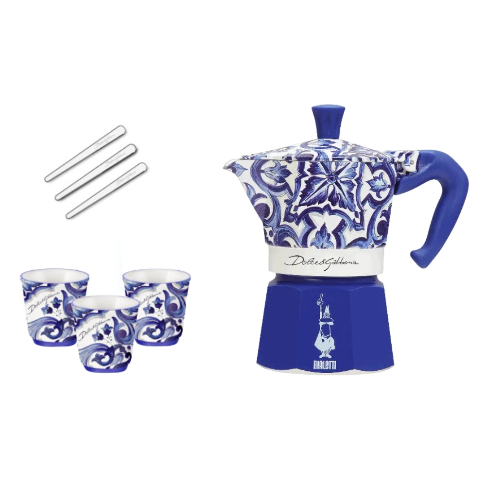 Bialetti Dolce & Gabbana Blue Moka 3 Cup + 3 Cups & Stirrers Gift Set