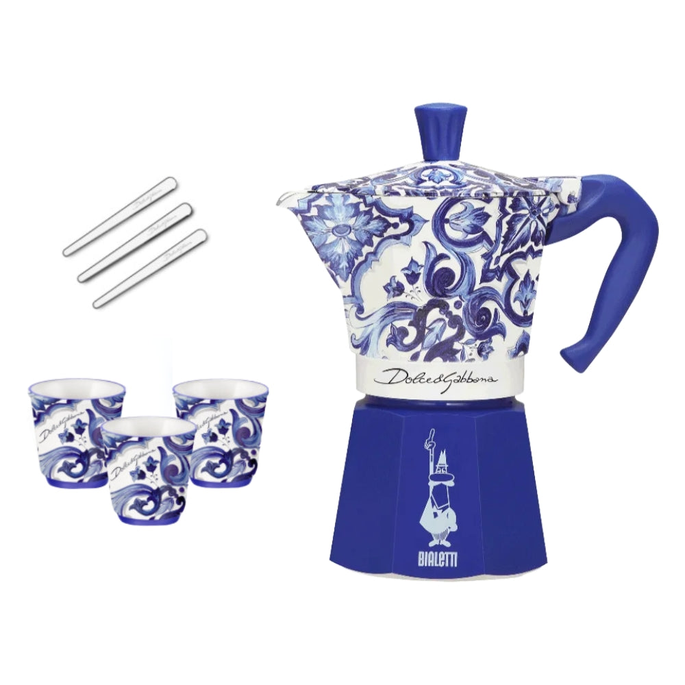Bialetti Dolce & Gabbana Blue Moka 6 Cup + 3 Cups & Stirrers Gift Set